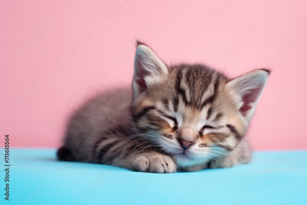 One close-up sleeping kitten on studio pink background.