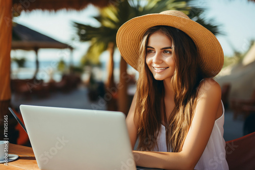 Generative AI technology picture of chilling nomad person sitting near seaside beach pool cafeteria working remotely with laptop