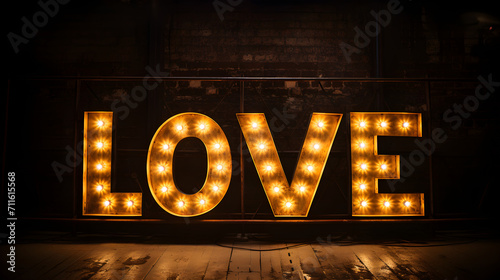 The word love is illuminated by a bright light on a brick wall. Valentine's day concept