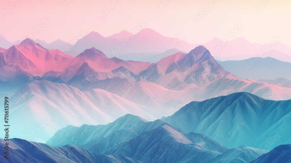 A soft and dreamy mountain landscape painted in pastel hues of pink, blue, and purple, evoking a sense of enchantment and tranquility