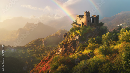 A medieval castle, now in ruins, is overtaken by lush green vegetation. It stands against a backdrop of white and pink mountains during a clear sunrise, occasionally graced by a rainbow in the sky