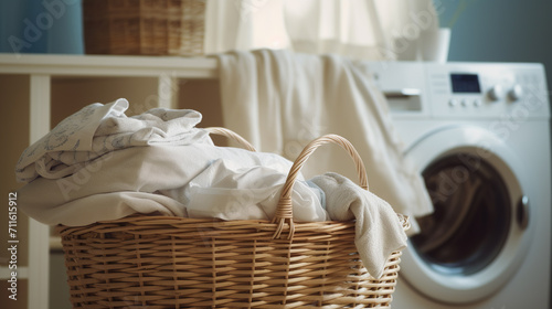 white clothes in a basket near the washing machine