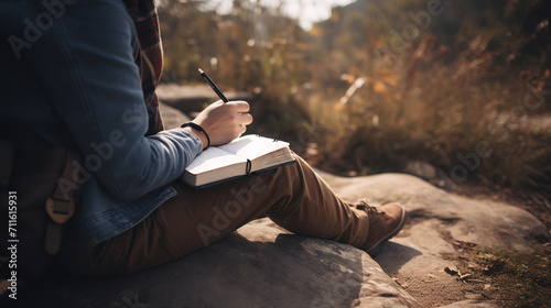 Person hands writing in a journal sitting at mountain rocks on ground. Earth Day photo