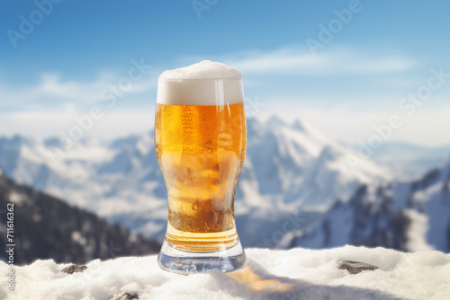 Beer on top of a mountain, in the style of light orange and azure, dreamlike scenery, mountainous vistas, poster, glass as material