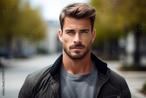 Generative AI portrait of attractive young man outdoors autumn landscape