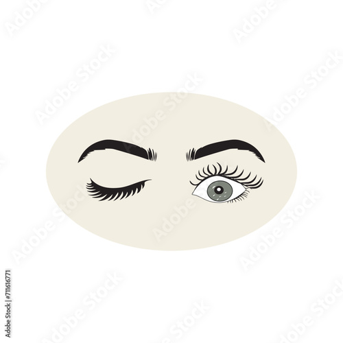 Female eyes icon with eye brows. Illustration of woman's sexy luxurious eye with perfectly shaped eyebrows and full lashes. Hand-drawn Idea for business visit card, typography vector.