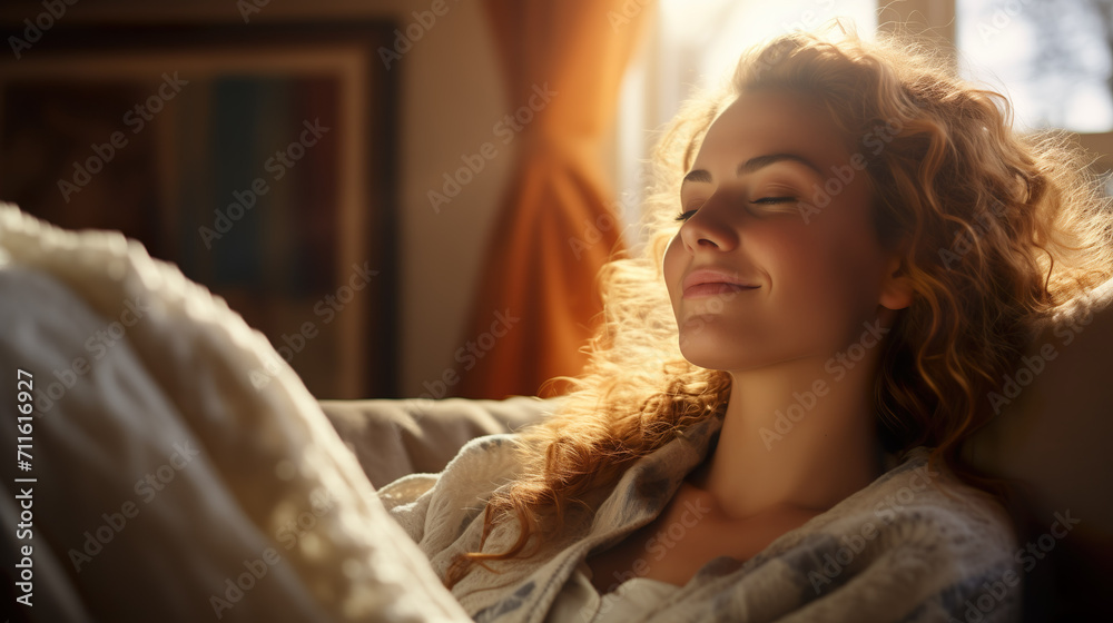 Woman sitting, resting and relaxing on the couch. Female model with long hair in living room | Generative AI