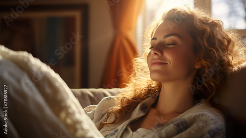 Obraz na płótnie Woman sitting, resting and relaxing on the couch. Female model with long hair in living room | Generative AI w salonie