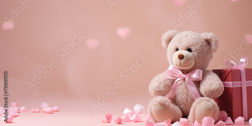 Gift for valentine's day, carefully packaged, with a teddy bear next to it, and several hearts scattered around it. Space for text. 3D rendering design illustration.