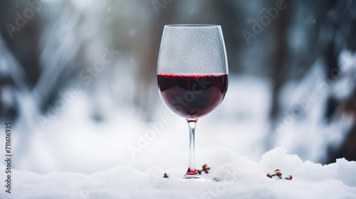 A glass of red wine on a snowy landscape in winter  in the style of photo-realistic landscapes  mountainous vistas  