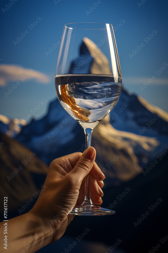 Obraz premium A glass of white wine, in the style of mountainous vistas, forced perspective, shaped canvas, wimmelbilder, travel, precision in details