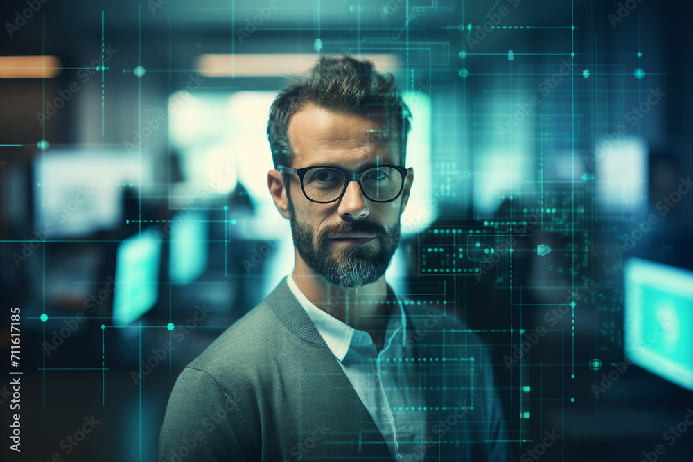 Fototapeta premium Secret hacker organization workplace data IT specialist near big screen with code Generative AI