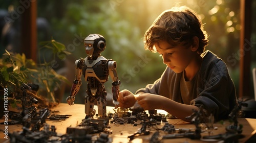 Small boy playing with toy robot, in the style of realistic still lifes with dramatic lighting, modular construction