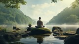 A man meditating in taiwan's natural scenery, in the style of 8k 3d, calm waters, uhd image, american tonalism, human connection, hudson river school