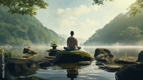 Photographie A man meditating in taiwan's natural scenery, in the style of 8k 3d, calm waters
