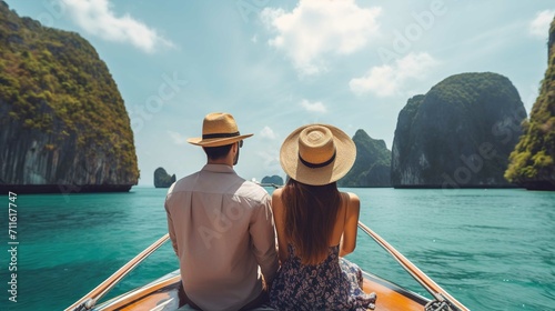 Couple on boat looking at tropical island, in the style of the snapshot aesthetic, romantic depictions of historical events, light amber and teal, ethical concerns, rich, nature-based patterns © Dat