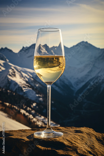 A glass of white wine, in the style of mountainous vistas, forced perspective, shaped canvas, wimmelbilder, travel, precision in details