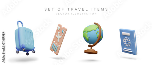 Items for traveling. Plastic suitcase, globe, plane ticket, passport. Illustrations for website, travel business application. Set of vector 3D objects with shadows