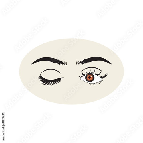 Female eyes icon with eye brows. Illustration of woman's sexy luxurious eye with perfectly shaped eyebrows and full lashes. Hand-drawn Idea for business visit card, typography vector.
