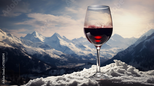 A glass of red wine on a snowy landscape in winter, in the style of photo-realistic landscapes, mountainous vistas

