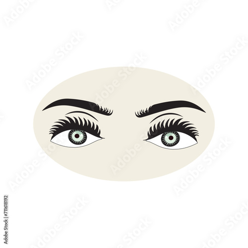 Female eyes icon with eye brows. Illustration of woman's sexy luxurious eye with perfectly shaped eyebrows and full lashes. Hand-drawn Idea for business visit card, typography vector.
