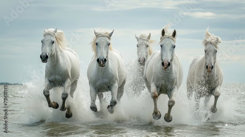Group of White Horses Running