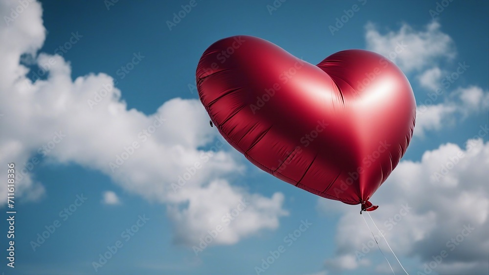 heart shaped balloon   red heart shaped balloon floating in the sky with white clouds and blue background ,             