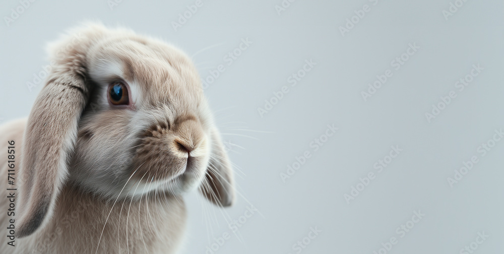 Portrait of an adorable fluffy lop-eared rabbit with soft fur, looking attentively, against a soft-focused blue background. Portrait of an adorable fluffy lop-eared rabbit with soft fur, looking attentively, against a soft-focused blue background.