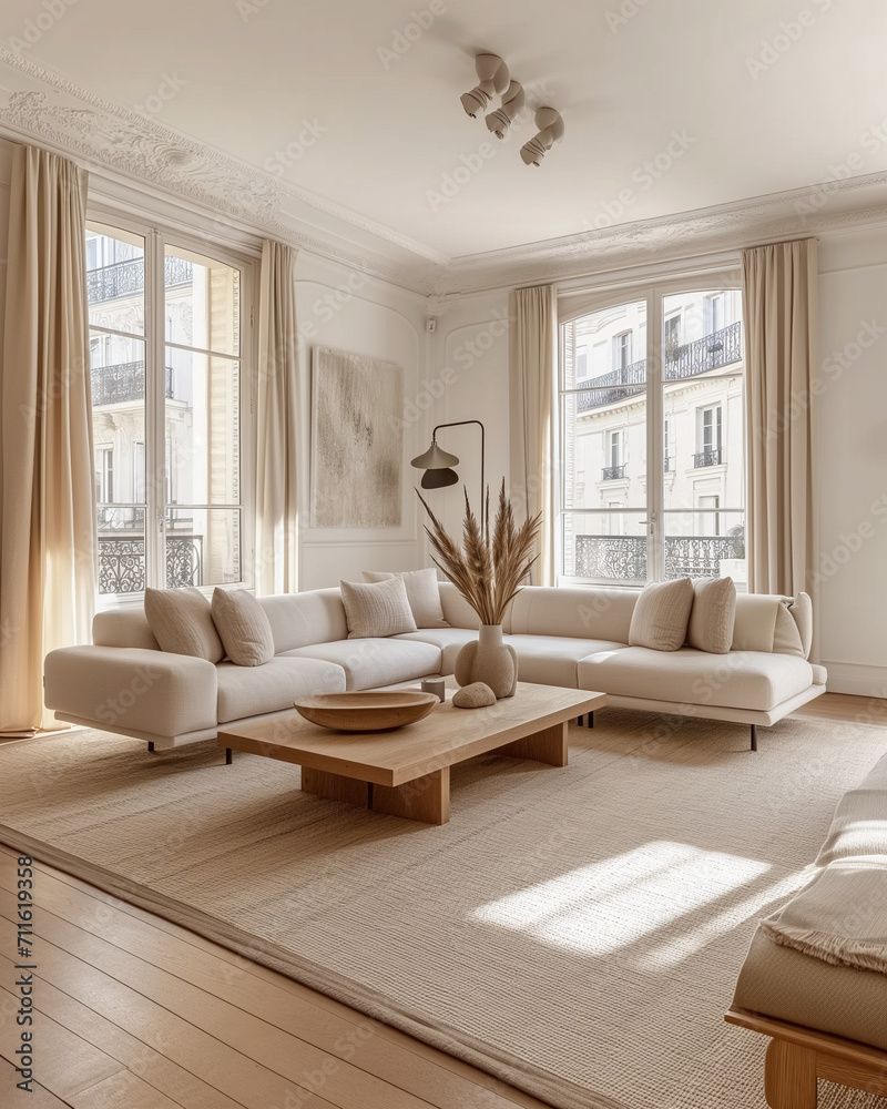 luxus Wohnzimmer mit Couch und Fernseher, seichte harmonische Farben, beige luxus Wohnzimmer mit Couch und Fernseher, seichte harmonische Farben, beige
