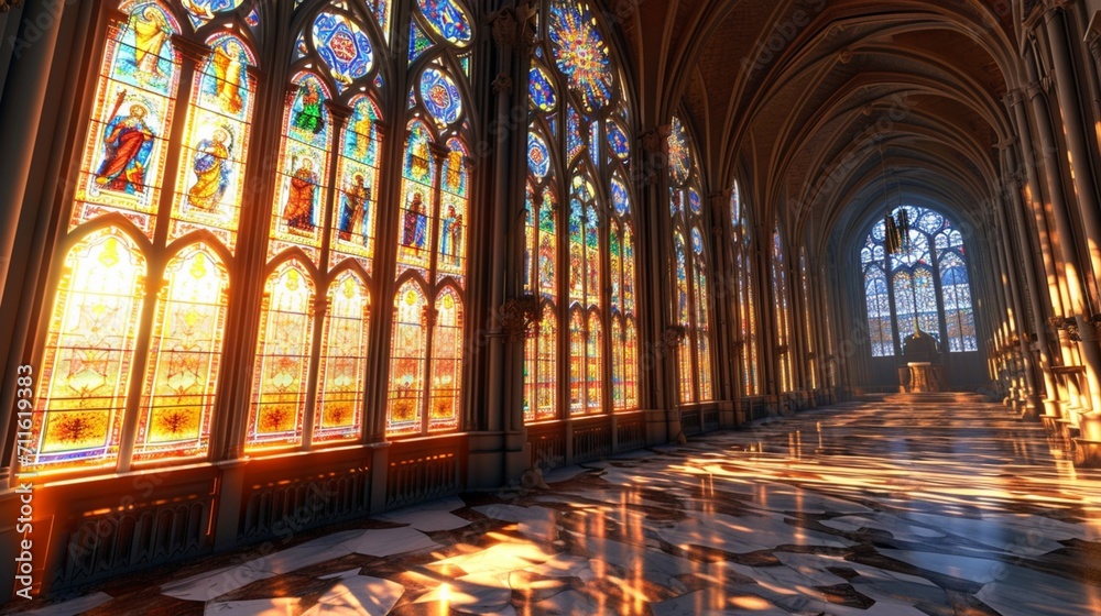 A Gothic Cathedral-Inspired Symphony of Wooden Artistry and Ethereal Glass Windows - AI Generative
