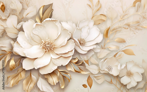 a painting of white flowers with gold leaves on a beige background with a gold border around the flowers and leaves, generative ai © Vitaliy