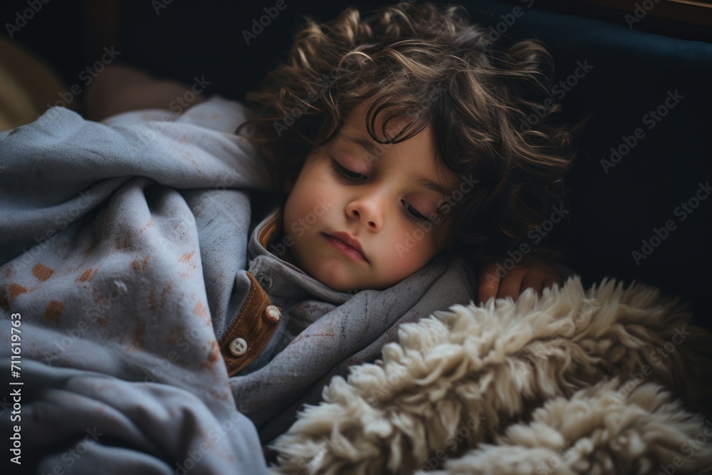 A sick toddler is sleeping on a bed in an attempt to recover A sick toddler is sleeping on a bed in an attempt to recover