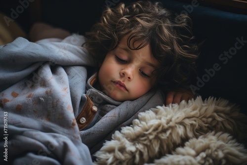 A sick toddler is sleeping on a bed in an attempt to recover