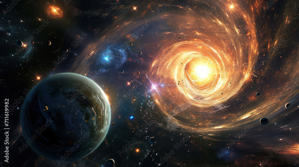 Planet in space galaxy background with nebula stars and stardust as wallpaper background illustration