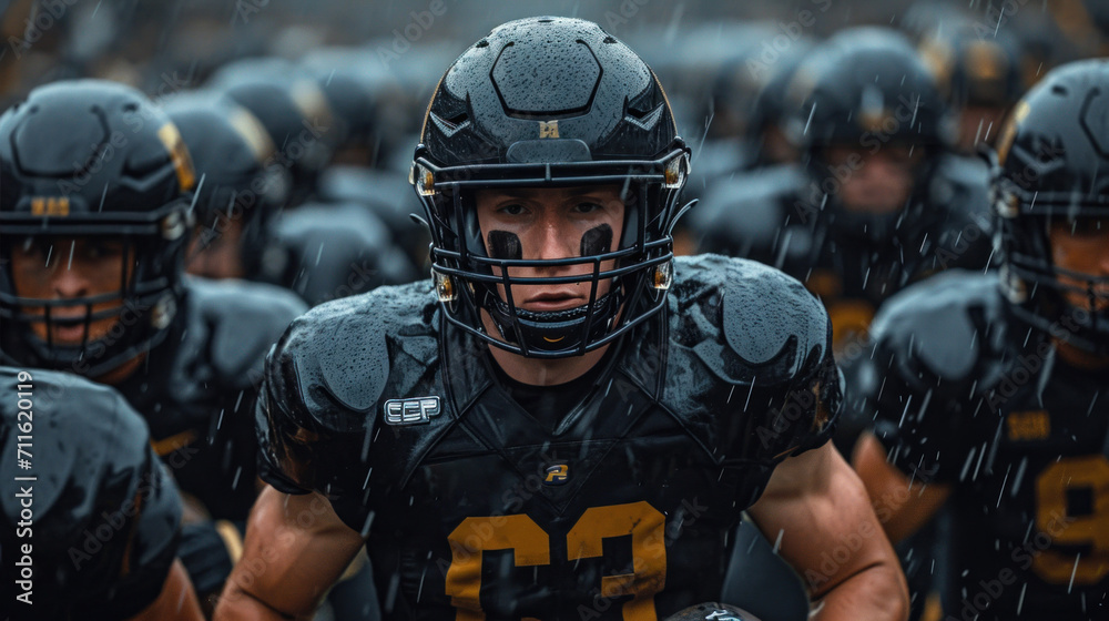 American football players on the field during the rain. American football players on the field during the rain.