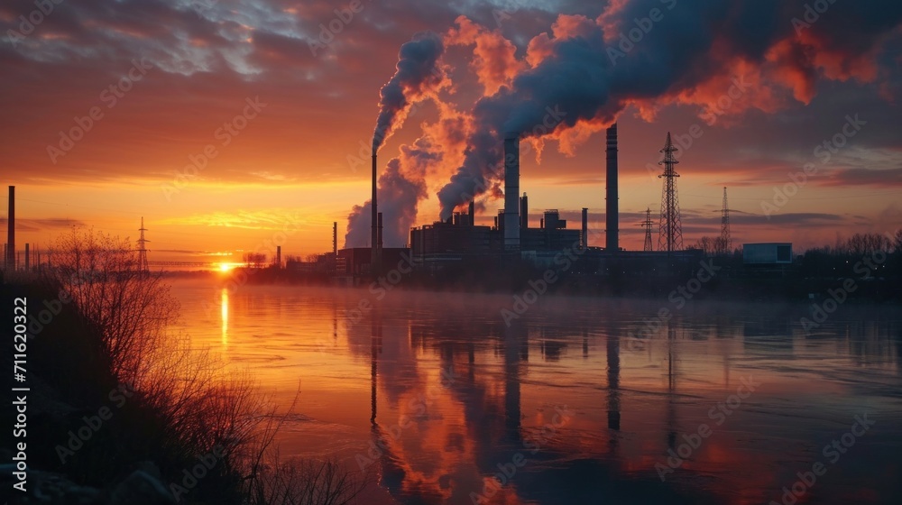 Power plant with smoking chimneys at sunrise over the river. Landscape.