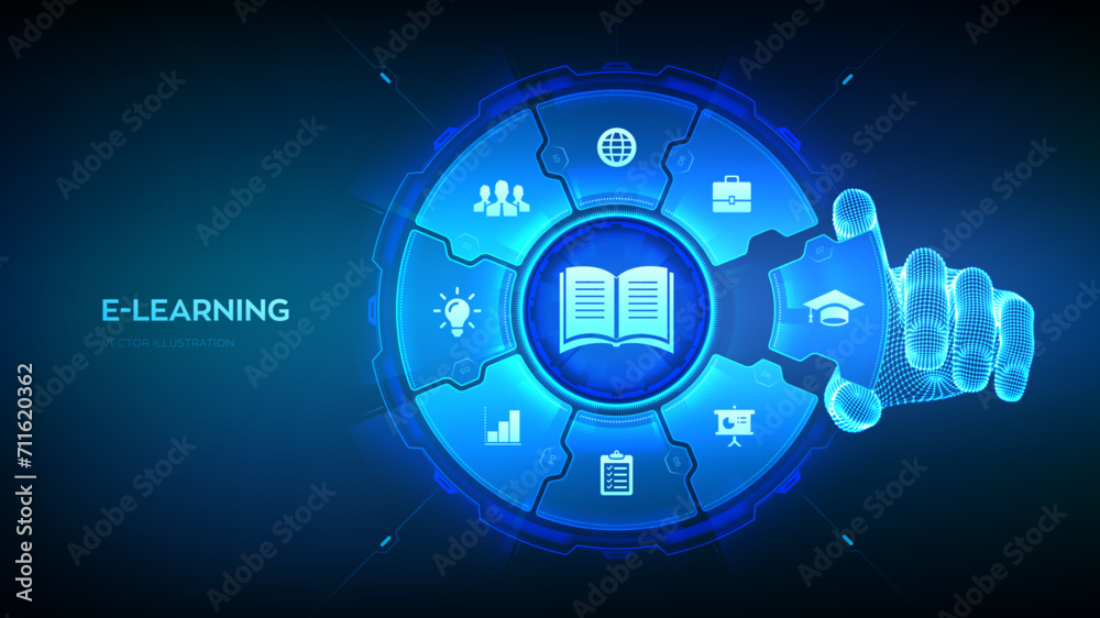 E-learning. Online education technology concept. Webinar, teaching, online training courses. Skill development. Hand places an element into a composition visualizing Learning. Vector illustration. E-learning. Online education technology concept. Webinar, teaching, online training courses. Skill development. Hand places an element into a composition visualizing Learning. Vector illustration.
