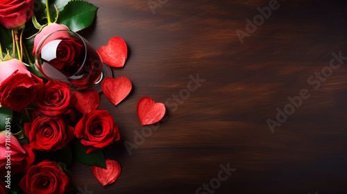 Champagne served in a glass, with lots of red roses around it, on a table. Valentine's Day. Top view. 3D rendering design illustration. 