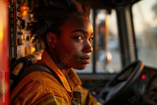 Side view of black female firefighter