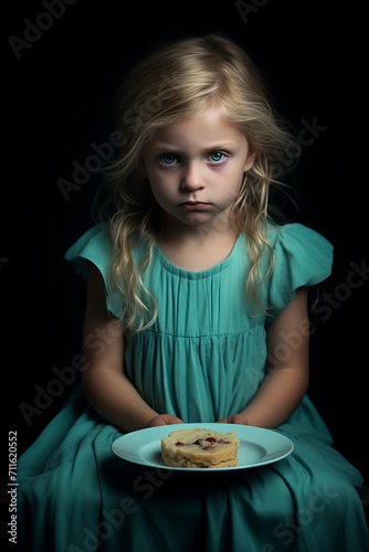 Upset girl holding cake on plate. Diet restrictions, food allergies concept. Vertical