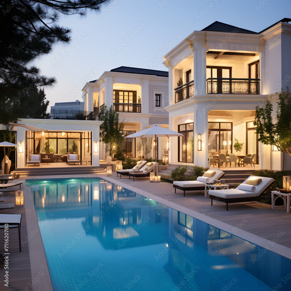 Luxury exotic mediterranean villa home or summer holiday residence with pool at sea shore.