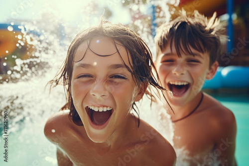 Summer holidays children in aquapark having fun sliding water splash Generative AI picture © Tetiana