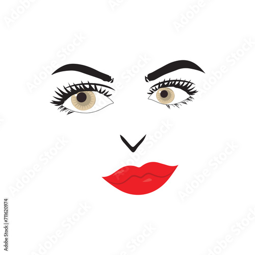 Beautiful woman face with red lips vector. Fashion model face close up, vector illustration. Beautiful woman face Eyebrow eyelashes sexy lips. EPS10.