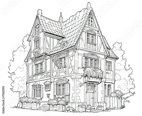 Black and white illustration for coloring house  building.