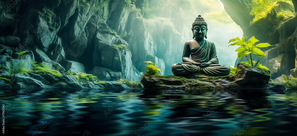 Buddha statue in the forest with sunlight. nature background. - obrazy, fototapety, plakaty 