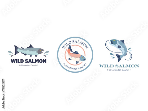 Wild caught salmon fish vector logo group. Sustainably caught fish icon. Fish art vector.