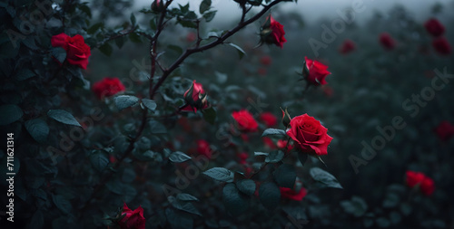 Enigmatic Red Roses Veiled in Morning Mist