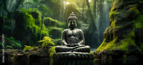 Buddha statue in the forest with sunlight. nature background. photo