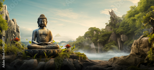 Buddha statue in the forest with sunlight. nature background. © waichi2013th