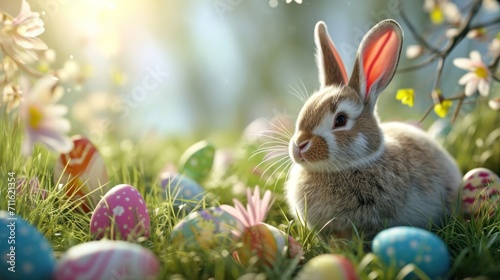 Easter rabbit sitting in grass and looking in the center, copy space for text, colored eggs, flowers, sunlight and spring vibes